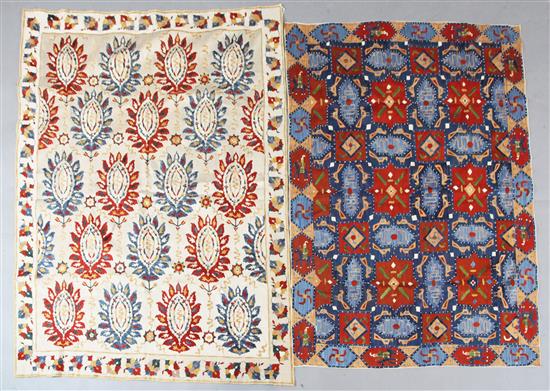 Two Kaitag floss silk embroidered panels, first half 20th century,from Dagestan in Caucasian Republic, 120cm x 95cm and 118cm x 87cm